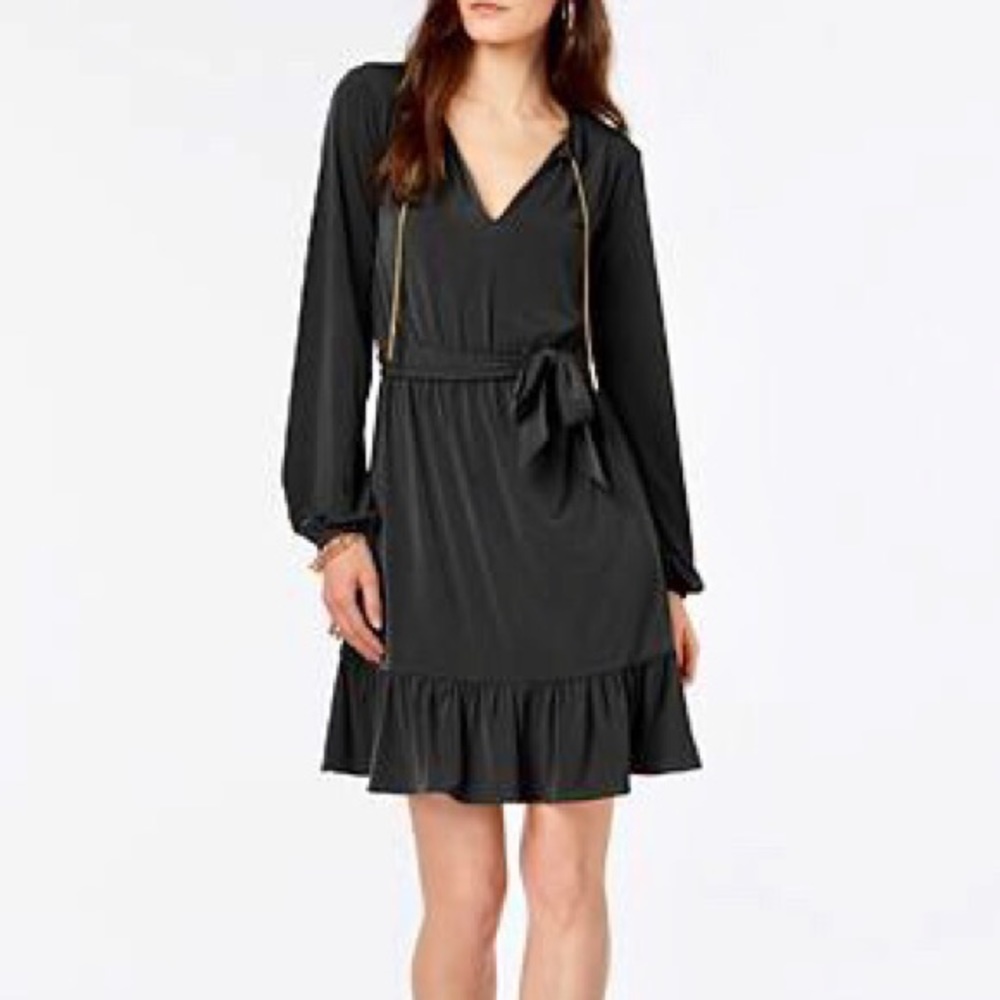 Michael Kors Chain Neck Tie Belt Ruffle Hem Dress